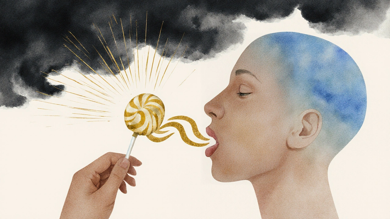 Hand mit CBD-Lutscher auf der Zunge, beruhigende Wellen strömen aus dem Mund.