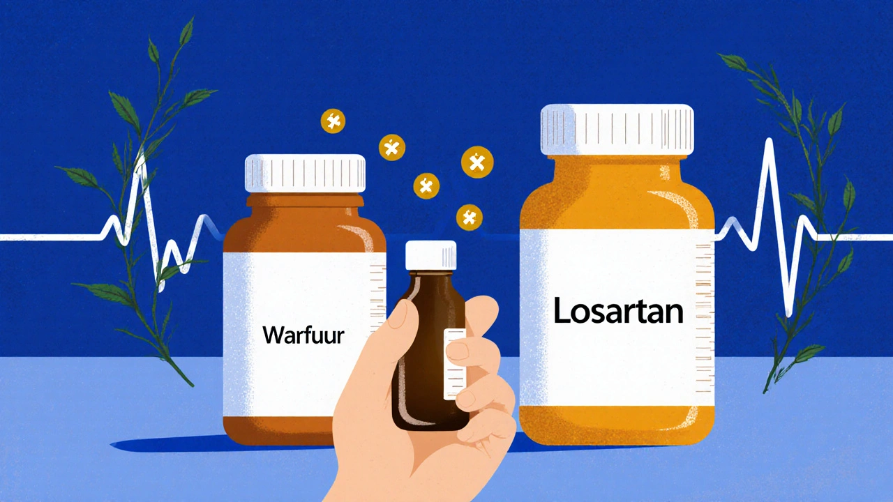 Hanfölflasche neben Blutverdünner-Medikamenten mit biochemischen Molekülen