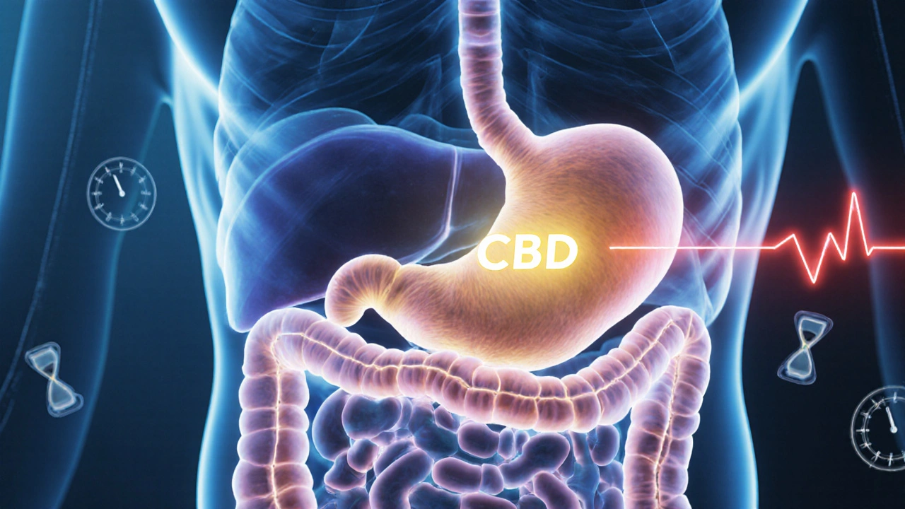 Illustration eines CBD-Moleküls, das durch Magen und Leber wandert.