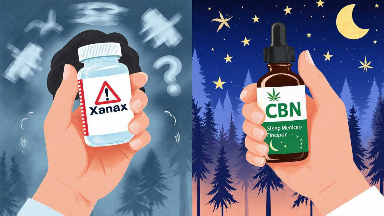 Kontrast zwischen Xanax-Flasche mit Warnsymbol und CBN-Tinktur mit Naturmotiv.