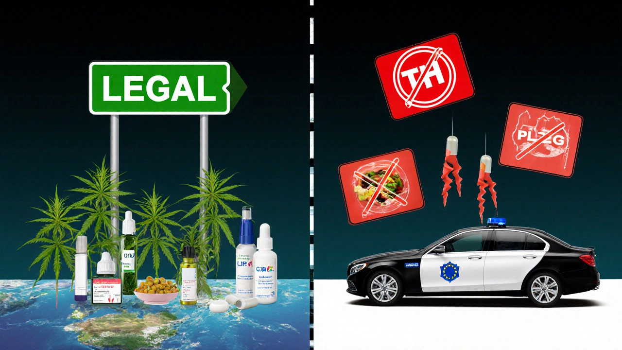 Konzeptuelles Bild: Rechtlich zulässiges CBG-Öl vs. illegale THC-Produkte