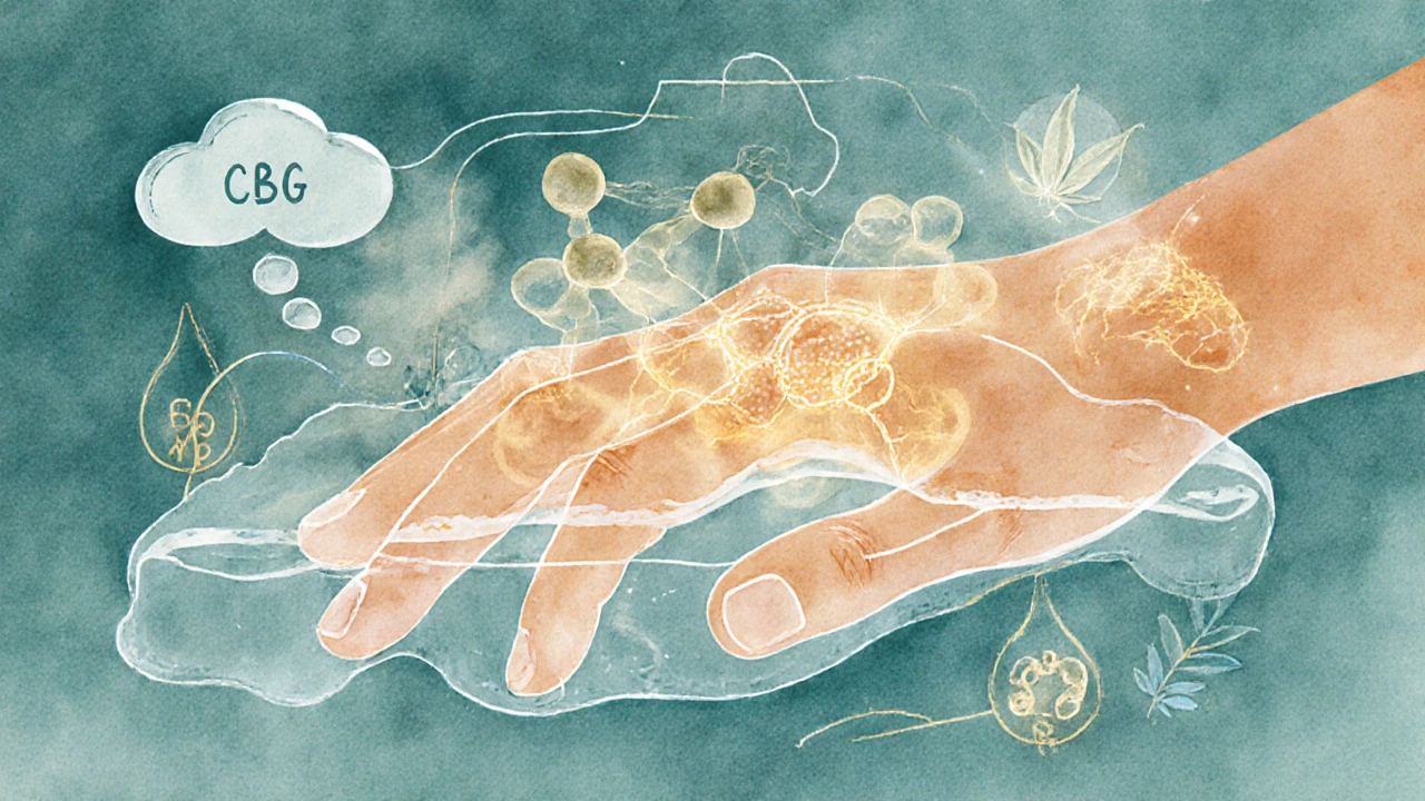 Künstlerische Darstellung von CBG-Molekülen, die mit Hautrezeptoren und Serotonin-Wegen interagieren