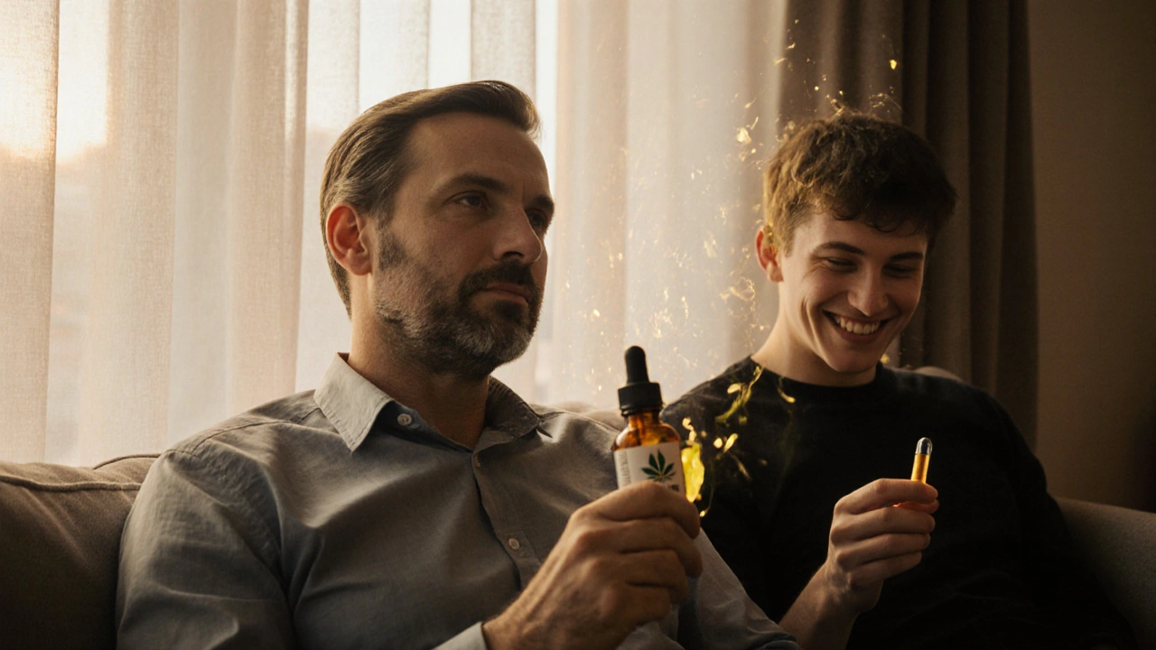 Mann mit CBD-Öl und junger Mensch mit HHC-Kapsel in entspannter Abendatmosphäre.