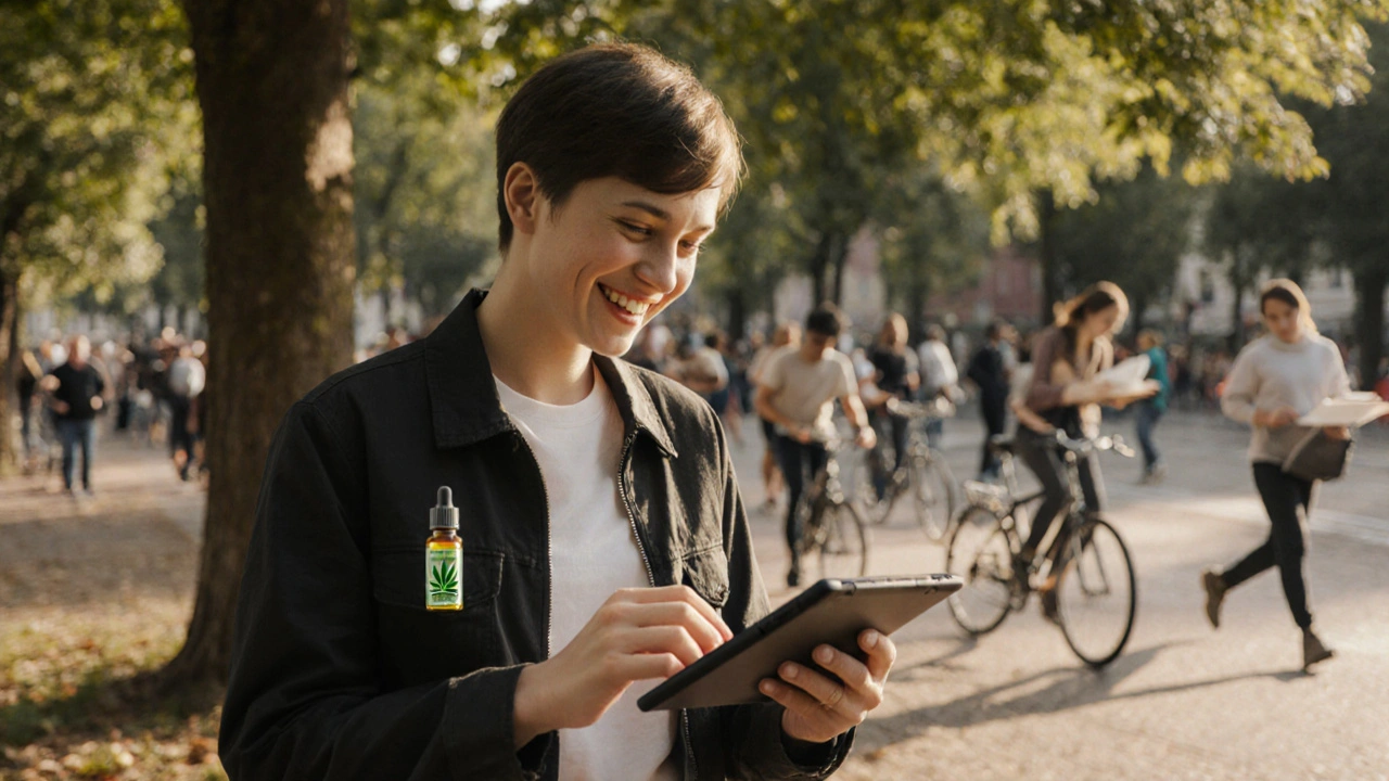 Mensch spaziert durch einen Park, arbeitet an einem Tablet, Sativa-Öl in der Tasche – Tagesszene mit Klarheit und Aktivität.
