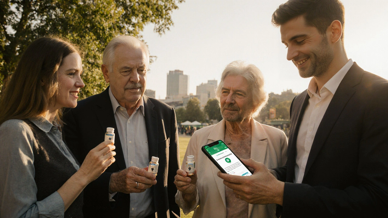 Menschen in einem Berliner Park mit CBD-Kapseln, sonniges Licht, entspannte Stimmung.