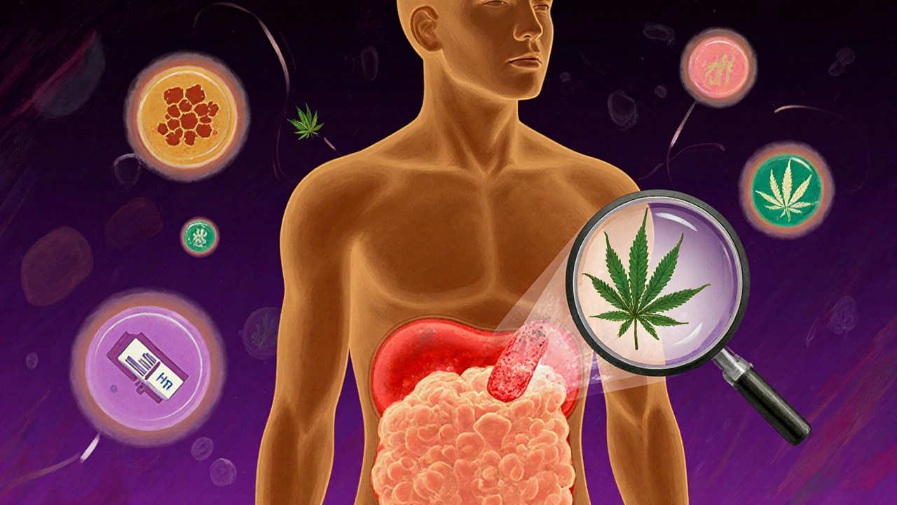 Menschliche Silhouette mit leuchtenden Fettzellen, die HHC-Metaboliten freisetzen, die THC ähneln.