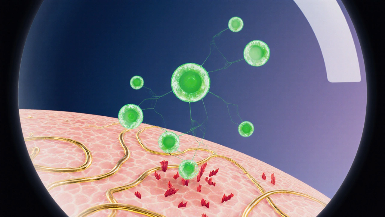 Mikroskopische Ansicht von Hautzellen, die CBD-Moleküle aufnehmen und Kollagen produzieren.