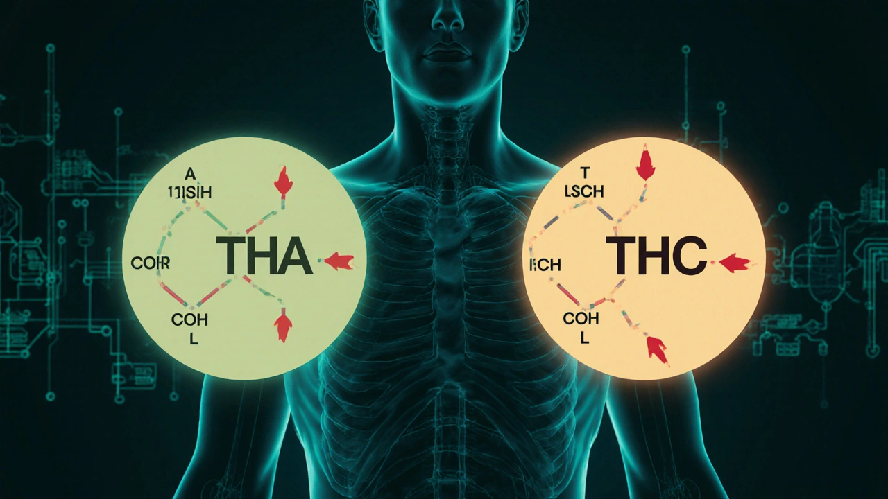 Molekulare Struktur von THCA und THC mit Wärmepfeil, der die Umwandlung zeigt.
