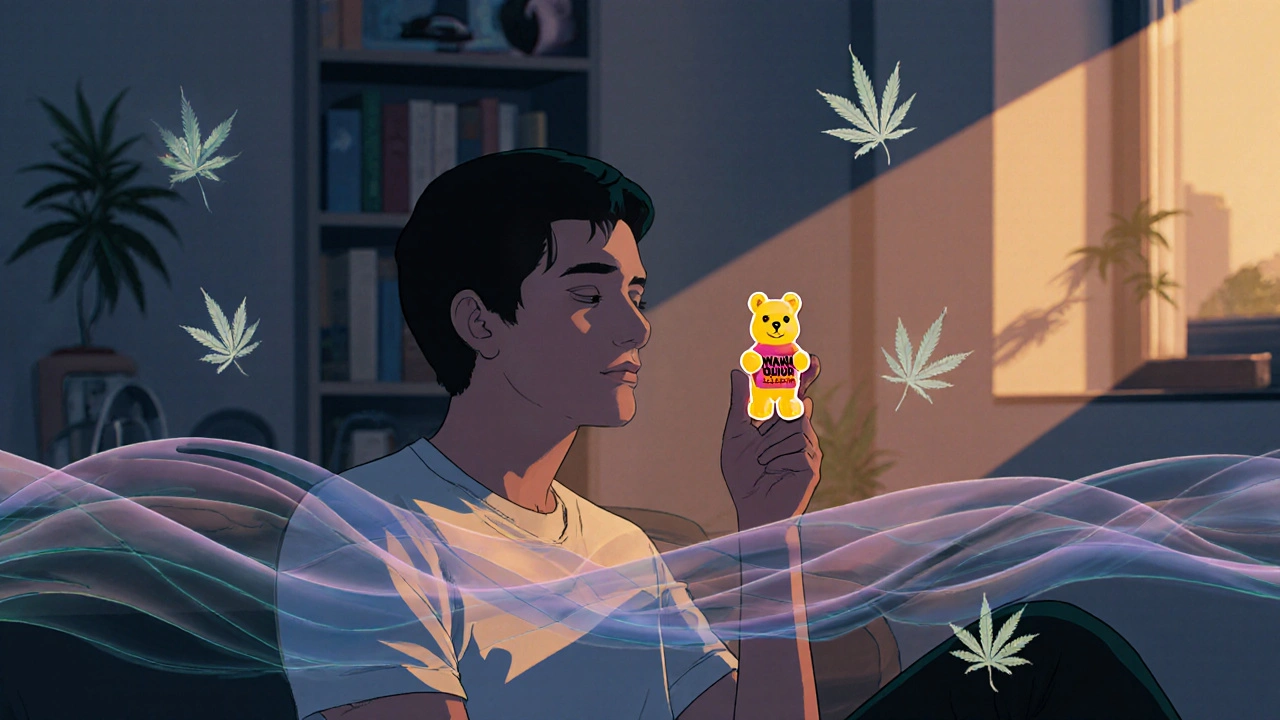 Person in Berlin hält ein Gummibärchen, umgeben von wellenförmigen Effekten der Wirkung bei Dämmerung.