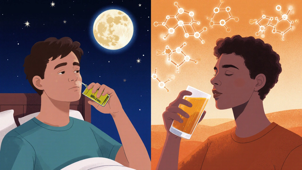 Person nimmt CBD abends ein, während THCA morgens als Saft konsumiert wird