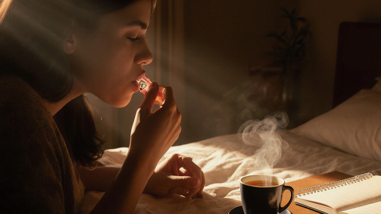 Person nimmt CBD-Kristalle unter die Zunge in ruhigem Schlafzimmer