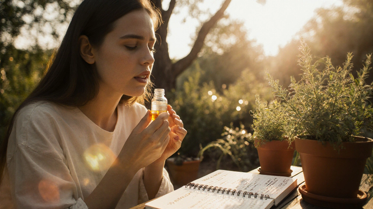 Person nimmt THCA-Tropfen unter der Zunge, sitzt friedlich im Sonnenlicht im Garten.