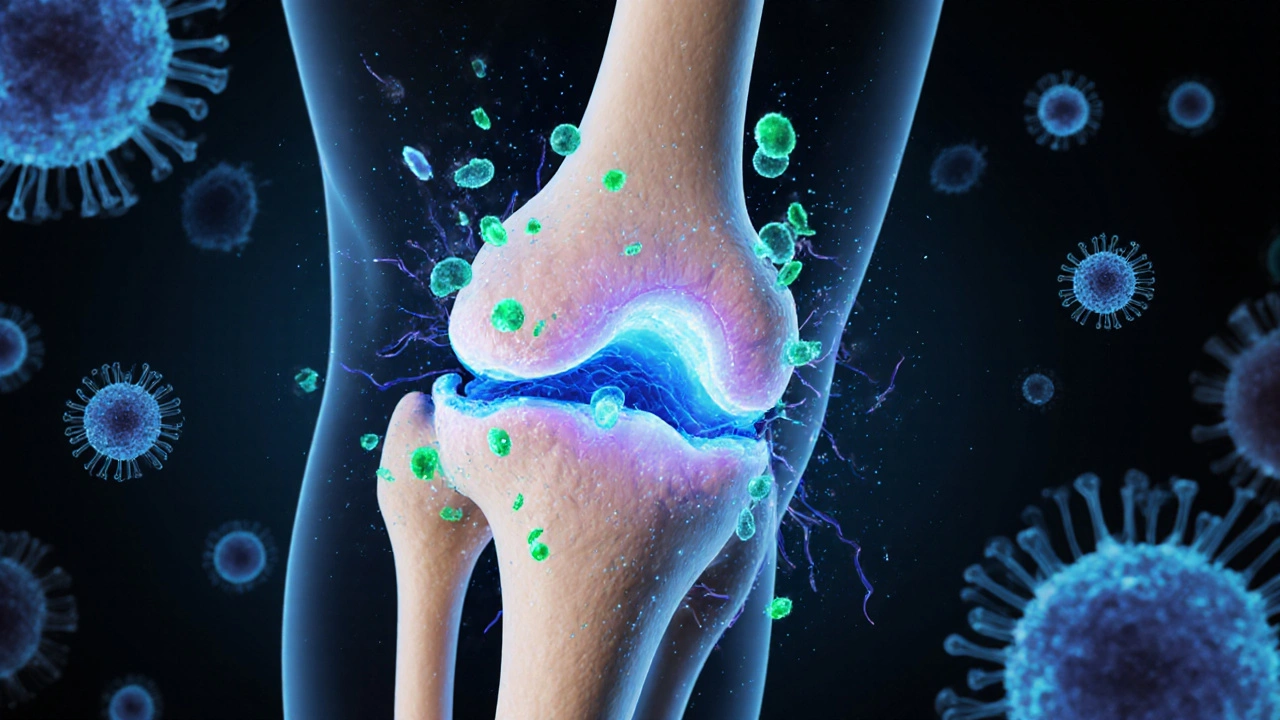 Querschnitt eines Gelenks mit CBG-Molekülen, die Entzündungsbotenstoffe hemmen.