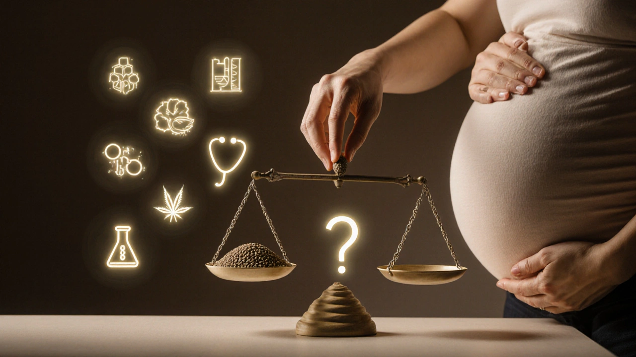 Schwangere Frau mit Hanfsamen auf Waage zwischen Nährstoffen und Warnzeichen