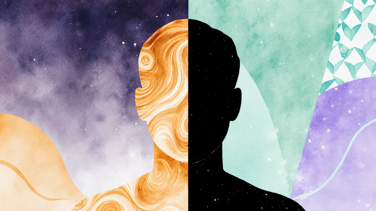 Silhouette mit zwei unterschiedlichen Energien: warme Euphorie und kühle Beruhigung.