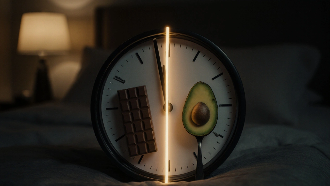 Uhr mit Schokolade und Avocado, verbunden durch einen goldenen Lichtstrahl.