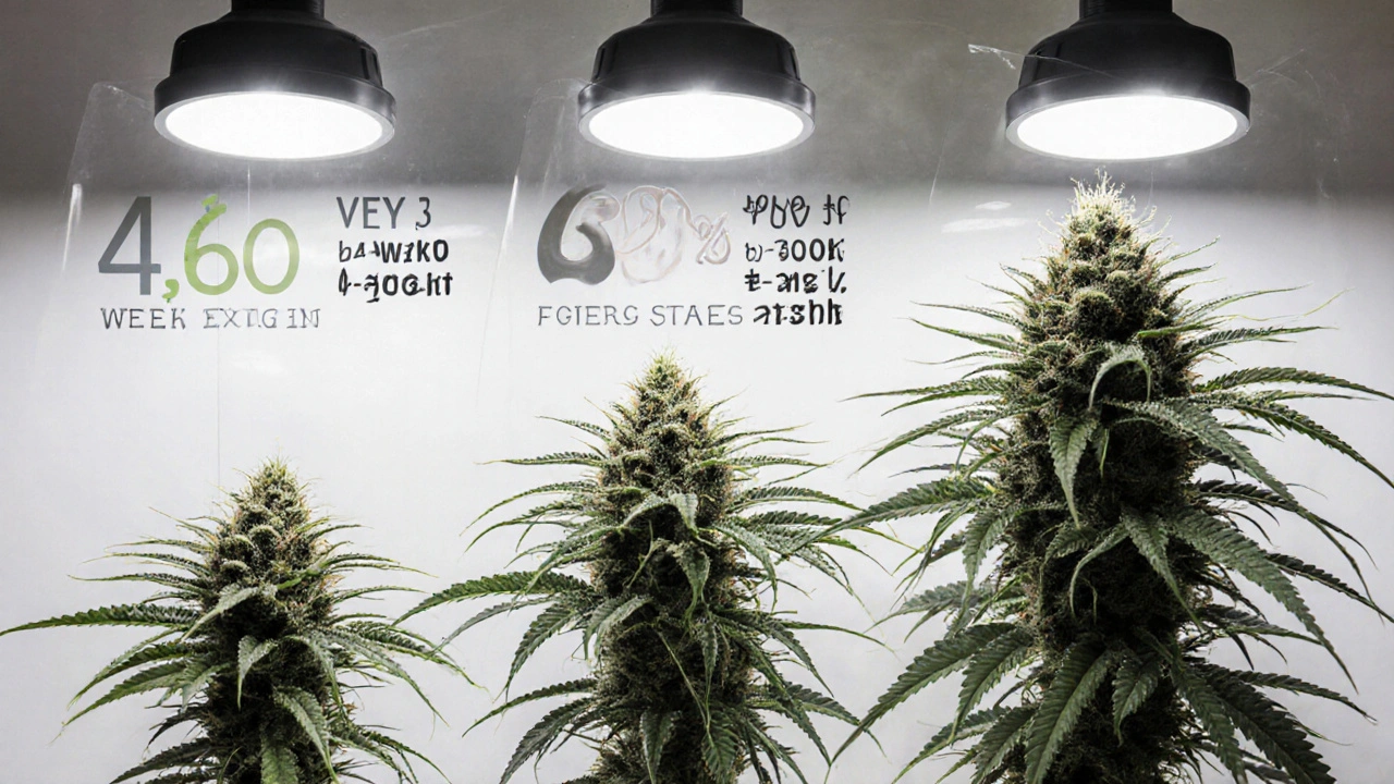 Vergleich dreier Cannabis-Pflanzen in verschiedenen Veg-Phasen mit Energieverbrauchsanzeige.