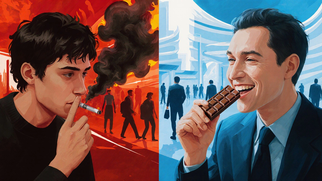 Vergleich: Rauchen mit schädlichem Rauch links, Schokoladenkonsum mit beruhigender Energie rechts.