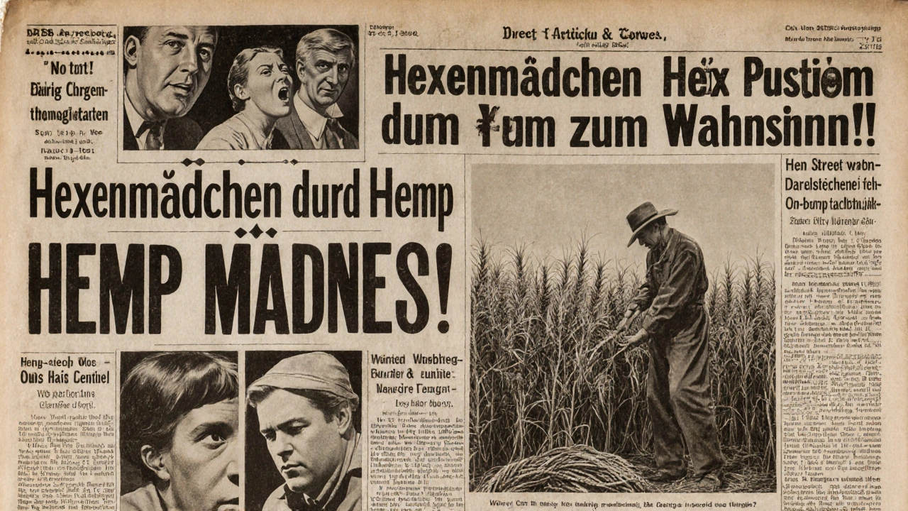 Vintage Zeitungsüberschrift aus den 1930er Jahren mit hysterischen Schlagzeilen über Hanf, im Hintergrund ein Landwirt mit Hanfstroh.