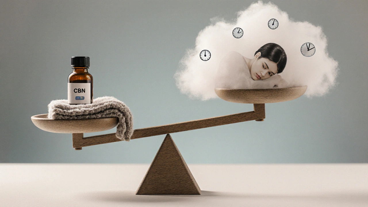 Waage mit CBN-Öl auf einer Seite, schwerer Müdigkeitsnebel auf der anderen — Symbol für übermäßige Dosis.