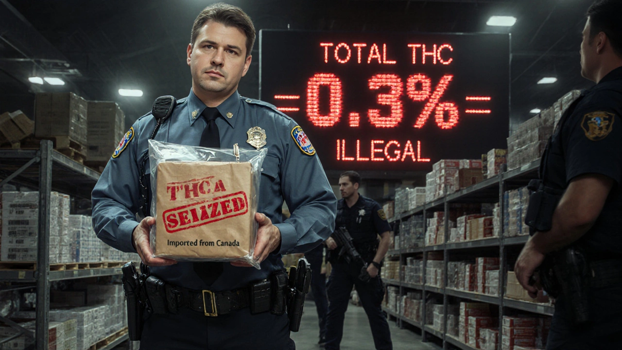 Zollbeamter hält beschlagnahmtes THCa-Paket, Agenten beschlagnahmen Regale mit Produkten