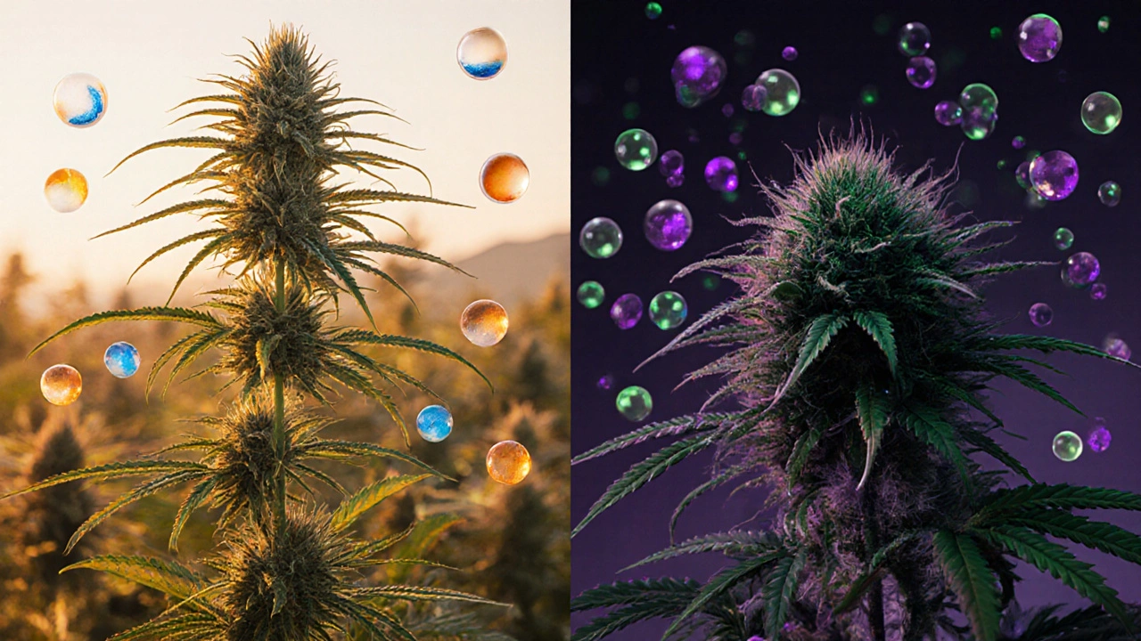 Zwei Cannabis-Pflanzen nebeneinander: Sativa im Morgenlicht mit energiegeladenen Terpenen, Indica im Abendlicht mit beruhigenden Verbindungen.