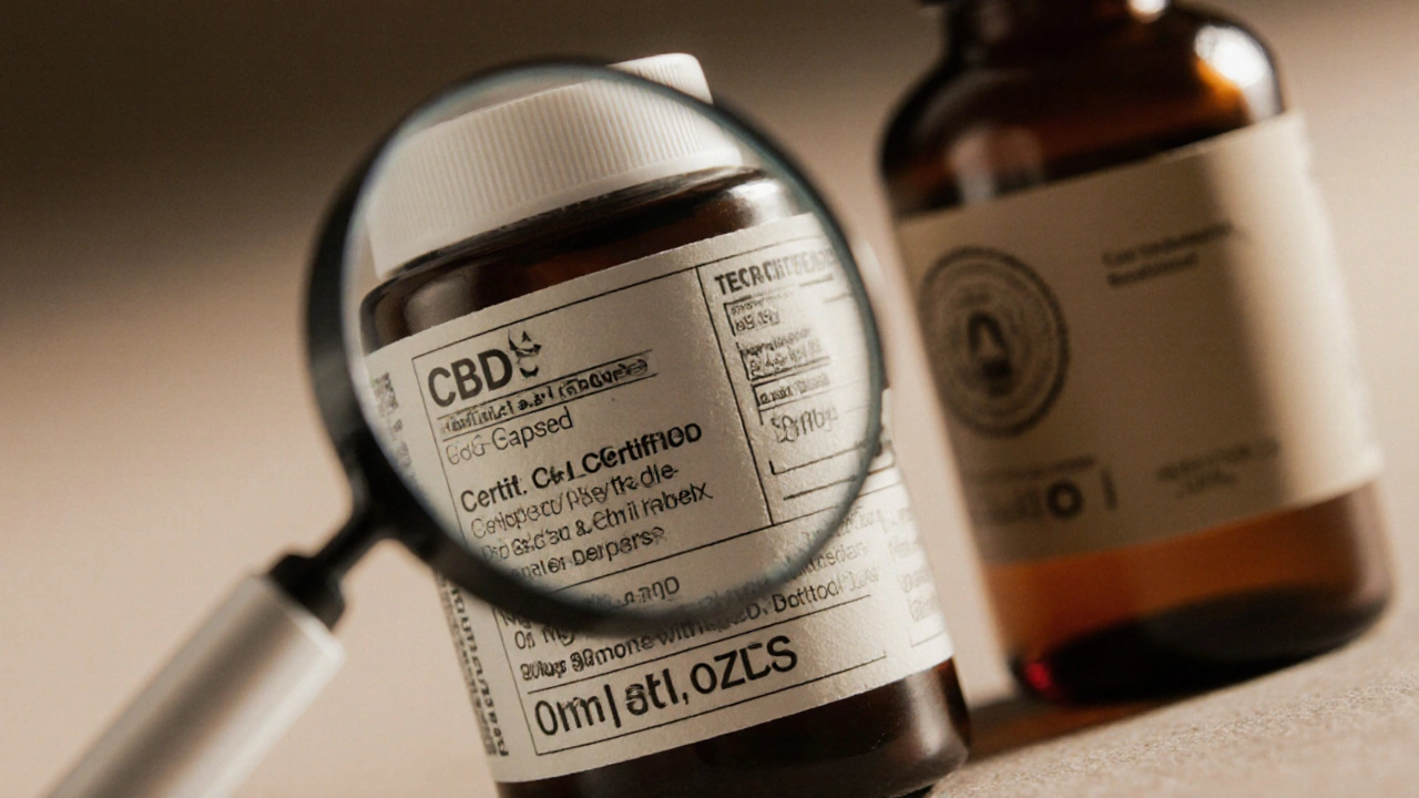 Zwei CBD-Flaschen, eine mit Zertifikat, die andere unscharf – Qualität im Fokus.