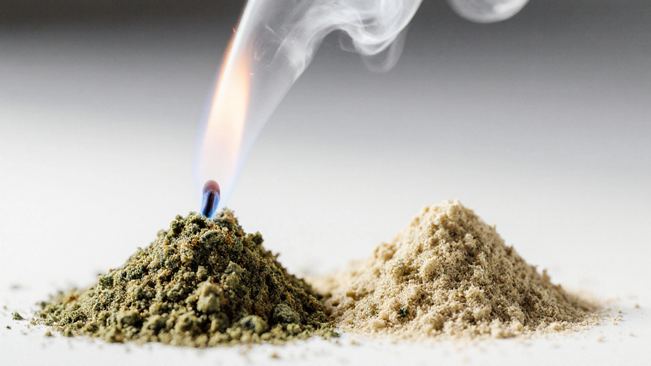 Zwei getrennte Crumble-Haufen aus CBD und CBG, leicht vermischt, mit feinem Rauchaufzug.