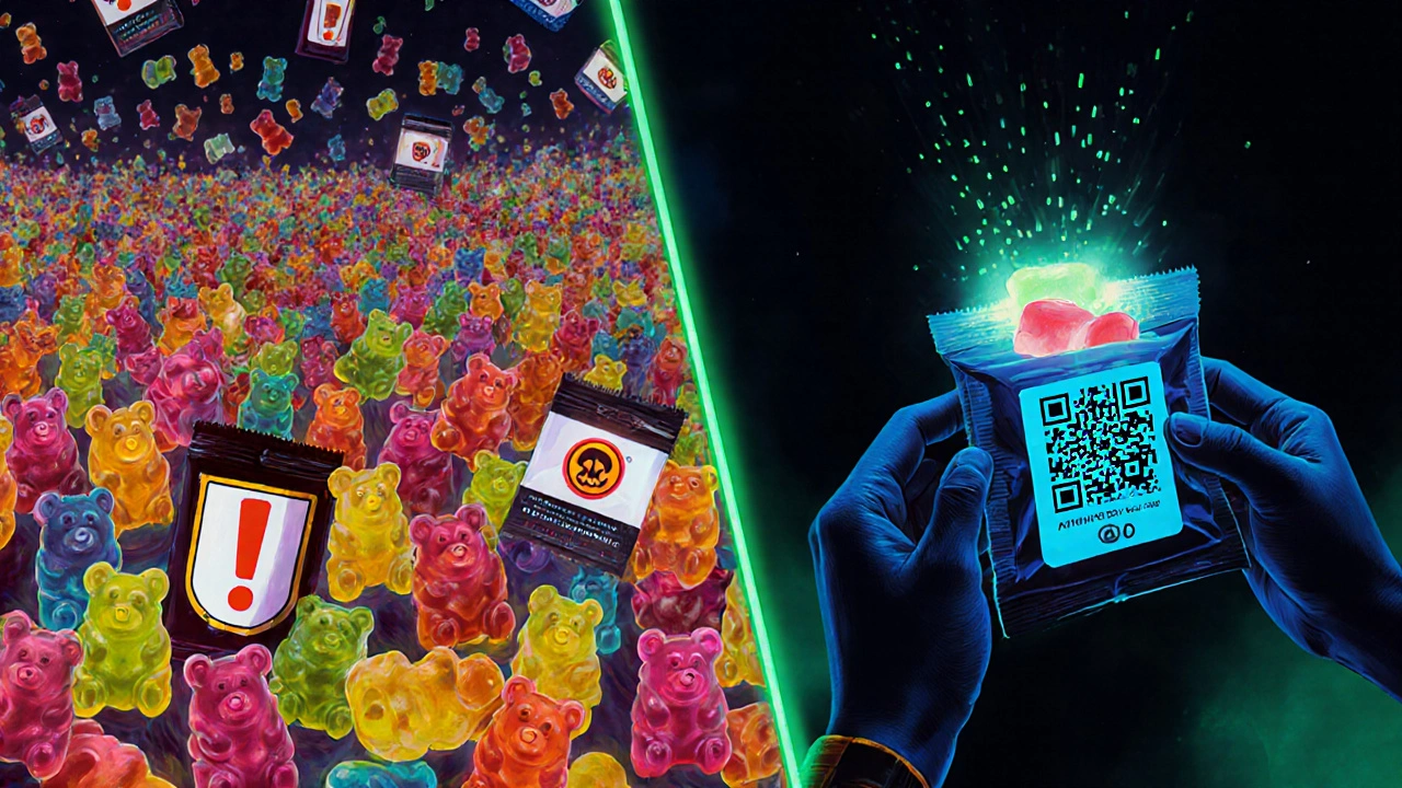 Zwei Wege: chaotische Gummibärchen vs. seriöse Verpackung mit QR-Code und Nano-Partikeln.