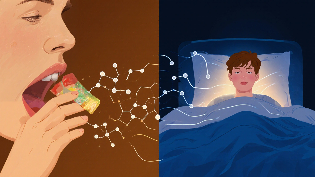 Zwei Zeitlinien zeigen den Eintritt von HHC in den Körper und seine langsame Wirkung bis in die Nacht.