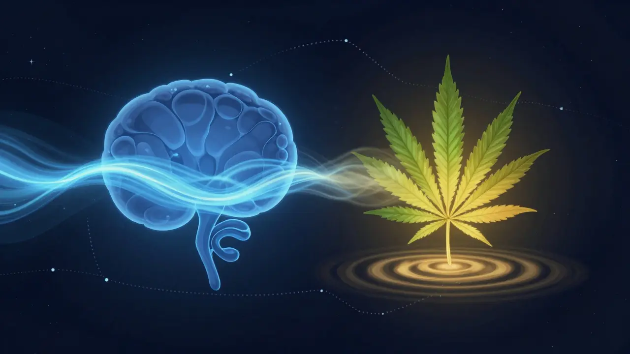 Abstrakte Darstellung einer Zirbeldrüse und einem Hanfblatt, die sanft miteinander verschmelzen, um Schlaf zu symbolisieren.