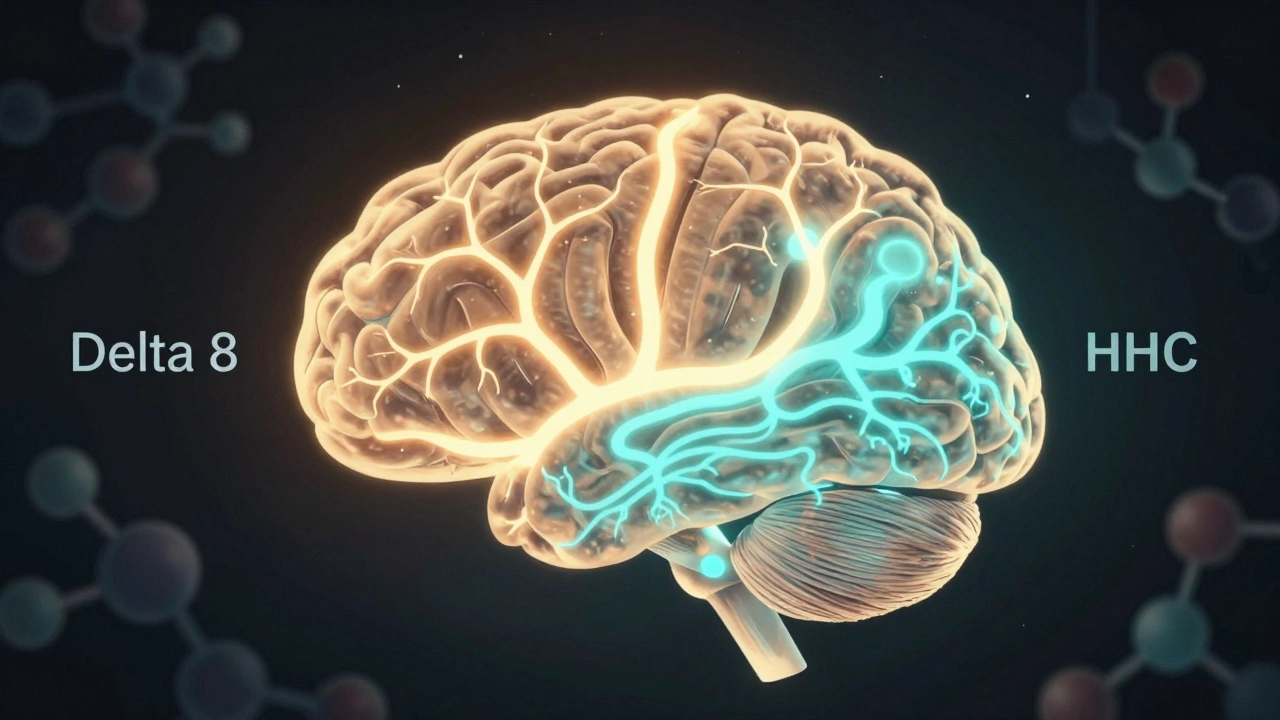 Abstrakte Darstellung eines Gehirns mit zwei unterschiedlichen Cannabinoid-Wirkwegen in goldenem und blauem Licht.