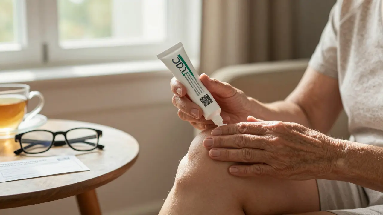 Ältere Frau wendet CBD-Creme auf das Knie an, QR-Code und Zertifikat daneben