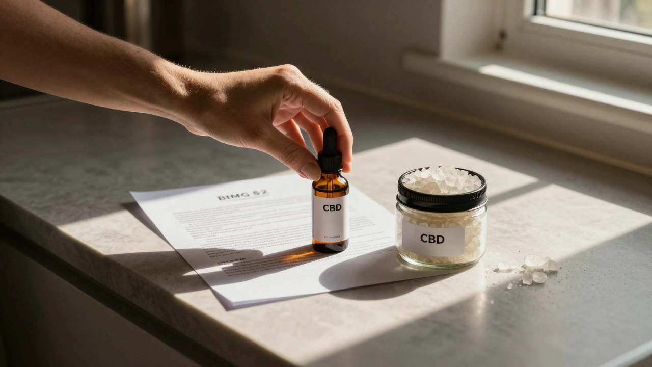 CBD-Öl und Kristalle auf einer Küchenanrichte, teilweise von einem rechtlichen Dokument verdeckt, Licht und Schatten kontrastieren.