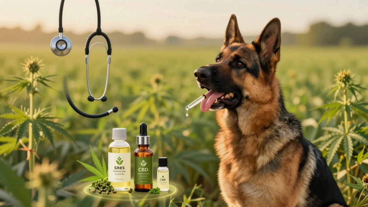 Deutscher Schäferhund nimmt präzise dosiertes CBD-Öl aus einem Tropfer, umgeben von natürlichen Extrakten.