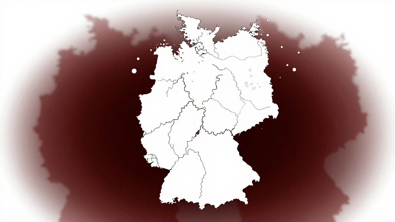 Deutschlandkarte mit roten Schatten über Bayern, Sachsen, Thüringen und Sachsen-Anhalt, CBD-Kristalle schweben darüber.