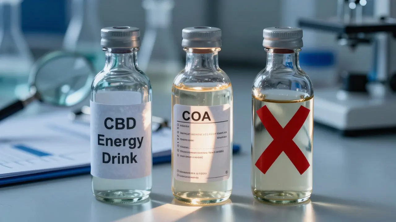 Drei CBD-Getränkeflaschen auf einem Labor Tisch, eine mit Zertifikat, eine mit rotem X.