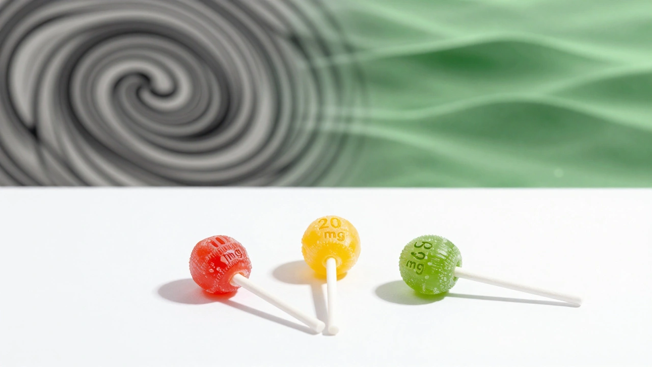 Drei CBD-Lutschbonbons mit unterschiedlichen Dosierungen auf weißem Hintergrund.