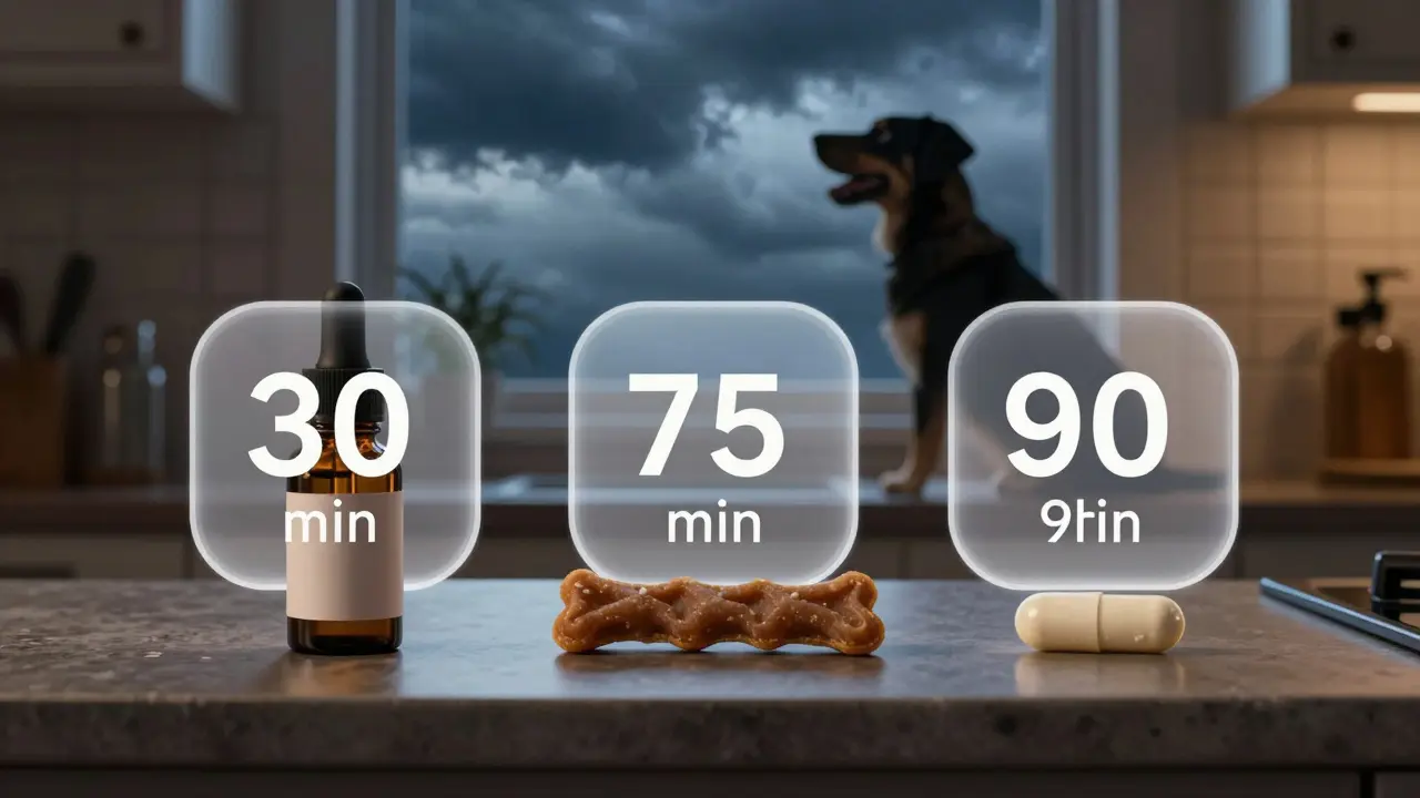 Drei CBD-Produkte mit Zeitangaben nebeneinander, Hundsilhouette im Hintergrund.