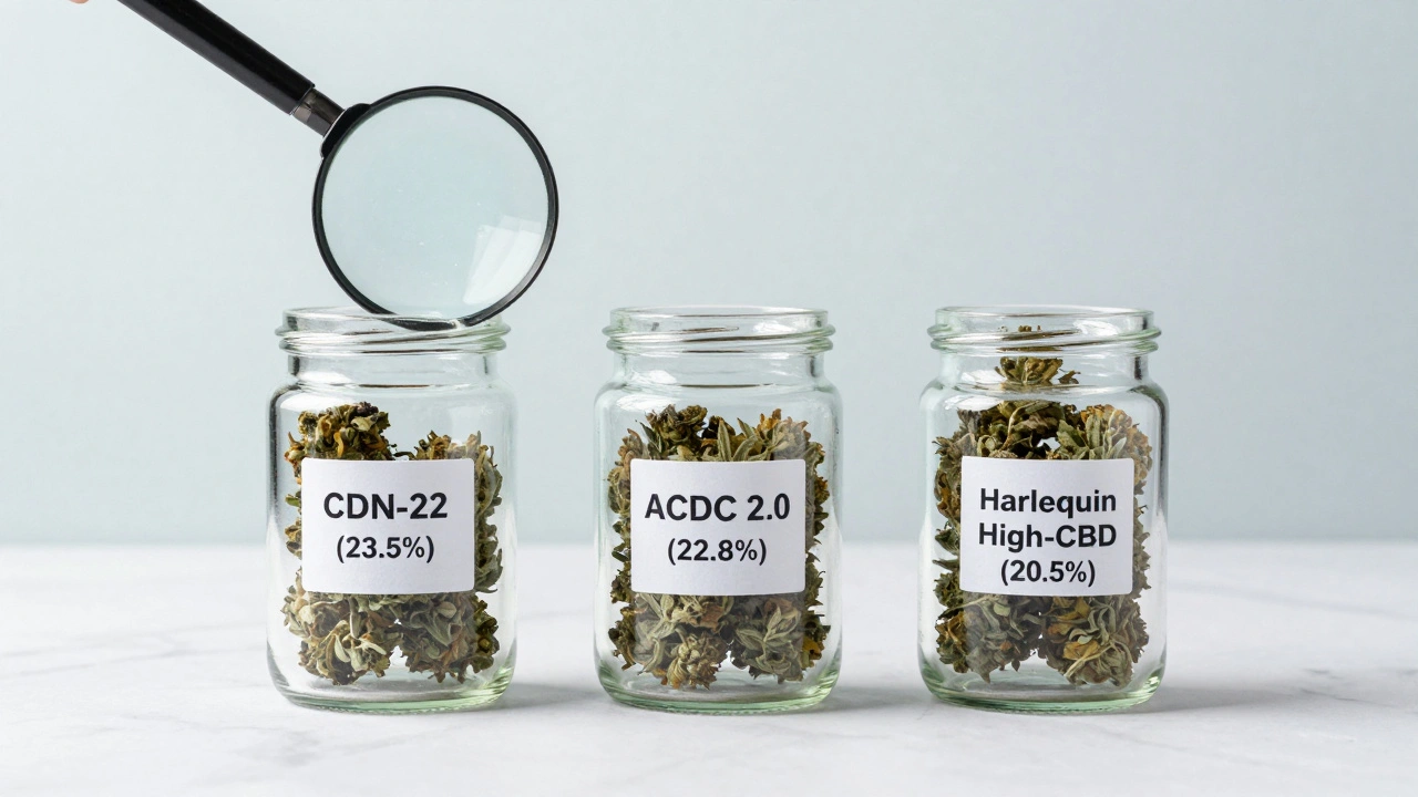 Drei Gläser mit verschiedenen CBD-Sorten, das stärkste Label ist hervorgehoben, wissenschaftliche Ästhetik.