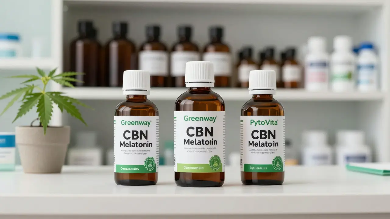 Drei hochwertige CBN-Melatonin-Tropfenflaschen mit Zertifizierungen auf einem Regal, umgeben von natürlichen Elementen.
