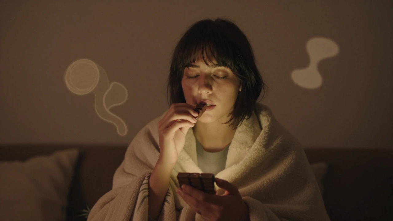 Eine Person entspannt in einem dunklen Raum, umgeben von einem sanften goldenen Lichtschimmer.