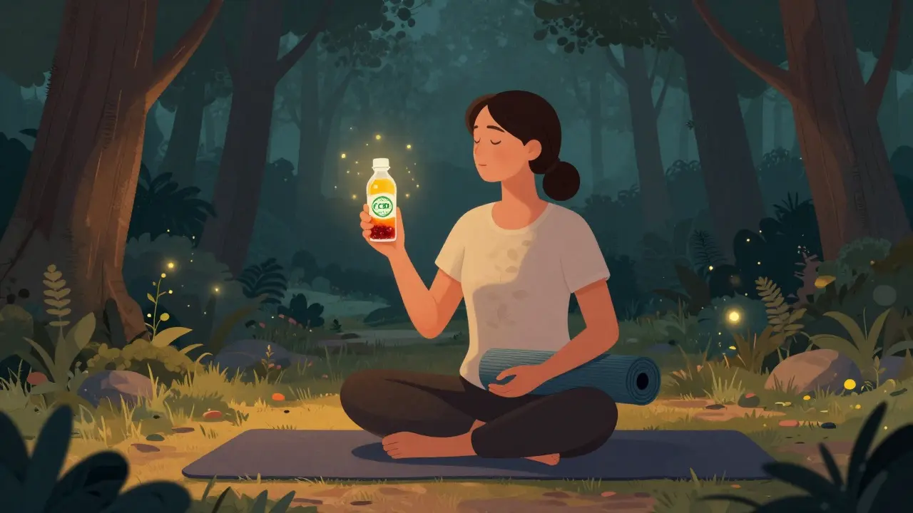 Eine Person meditiert im Wald bei Dämmerung, hält ein CBD-Getränk in der Hand.