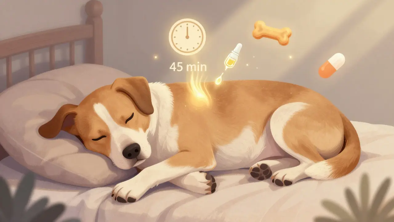 Entspannter Hund schläft friedlich, goldenes Licht strömt sanft in seinen Körper.