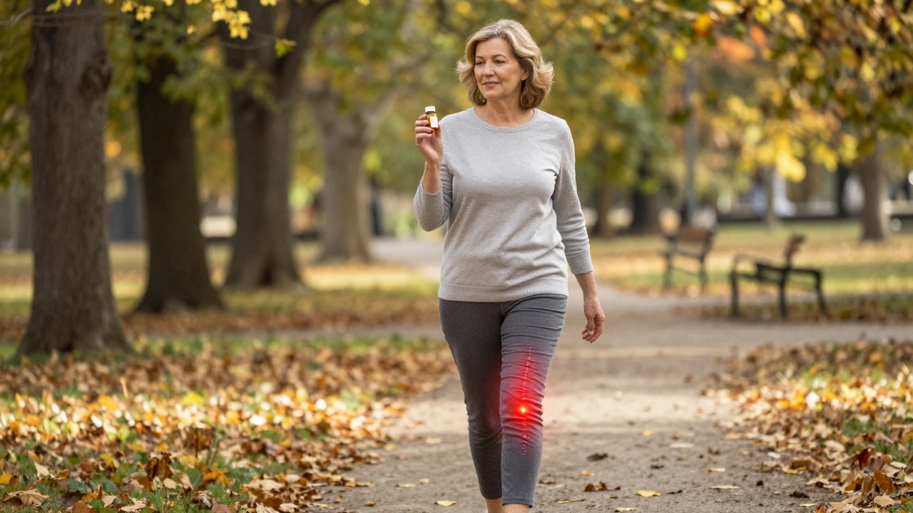 Frau spaziert friedlich im Park, CBD-Flasche in der Hand, sichtbare Entzündungssignale verschwinden.