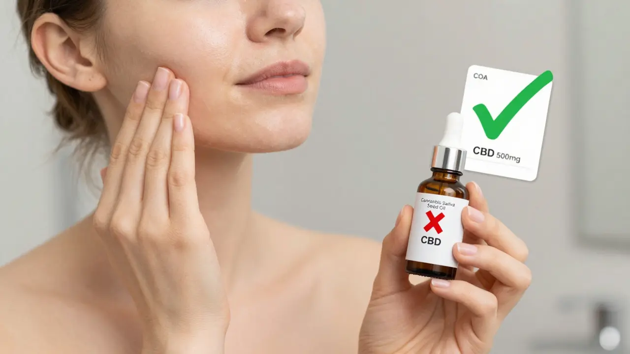 Frau vergleicht Hanföl und CBD-Serum mit Warn- und Bestätigungszeichen