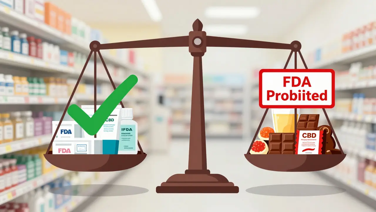 Gegenüberstellung: erlaubte CBD-Cremes vs. verbotene CBD-Snacks mit FDA-Symbol