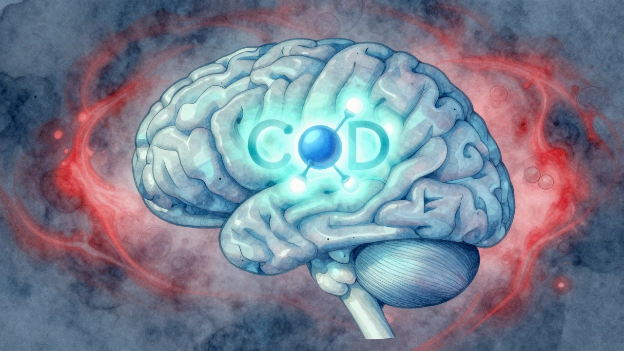 Gehirn mit CBD-Molekül, das die Angstzentren beruhigt, in sanften Farben dargestellt.