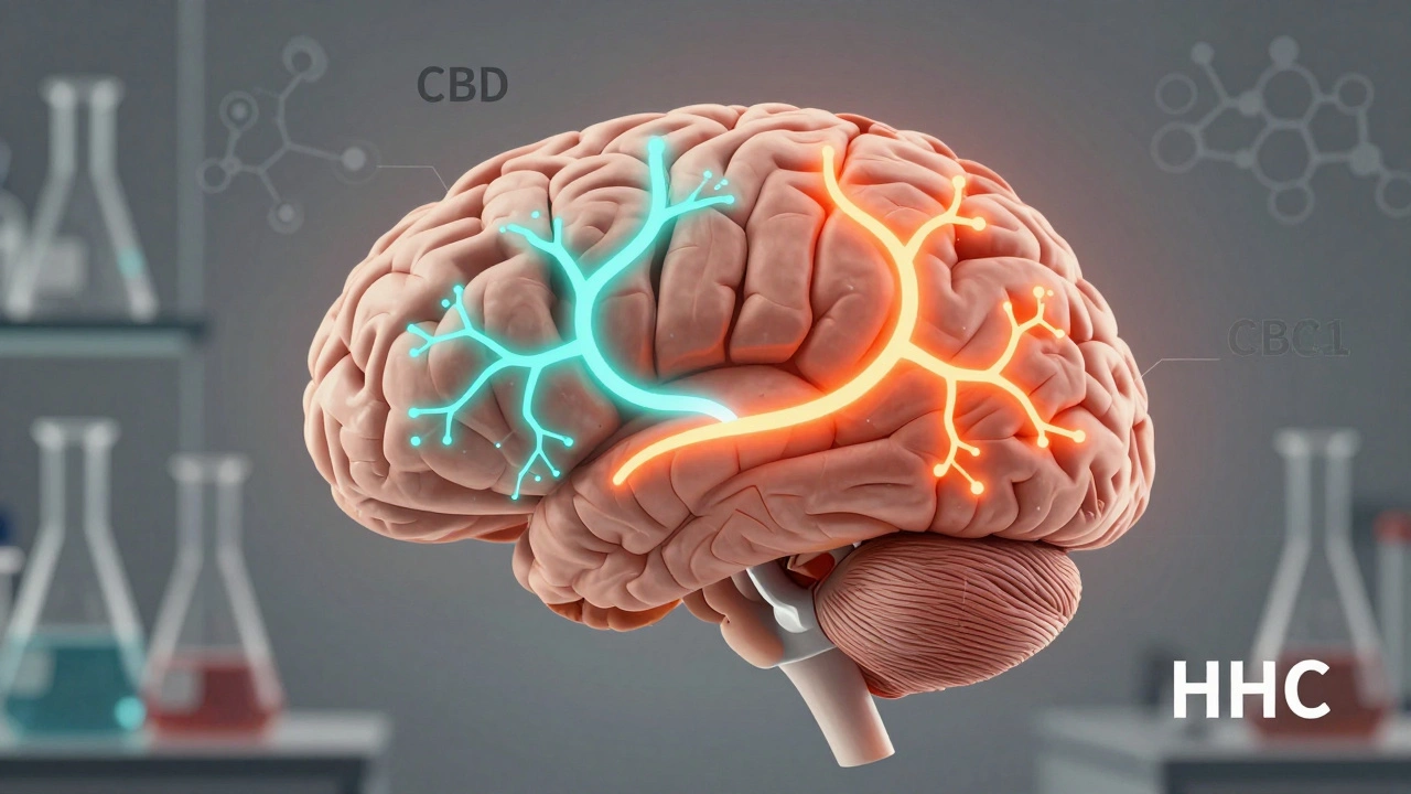 Gehirn mit zwei verschiedenen neuronalen Wegen für CBD und HHC, farblich unterschiedlich dargestellt.