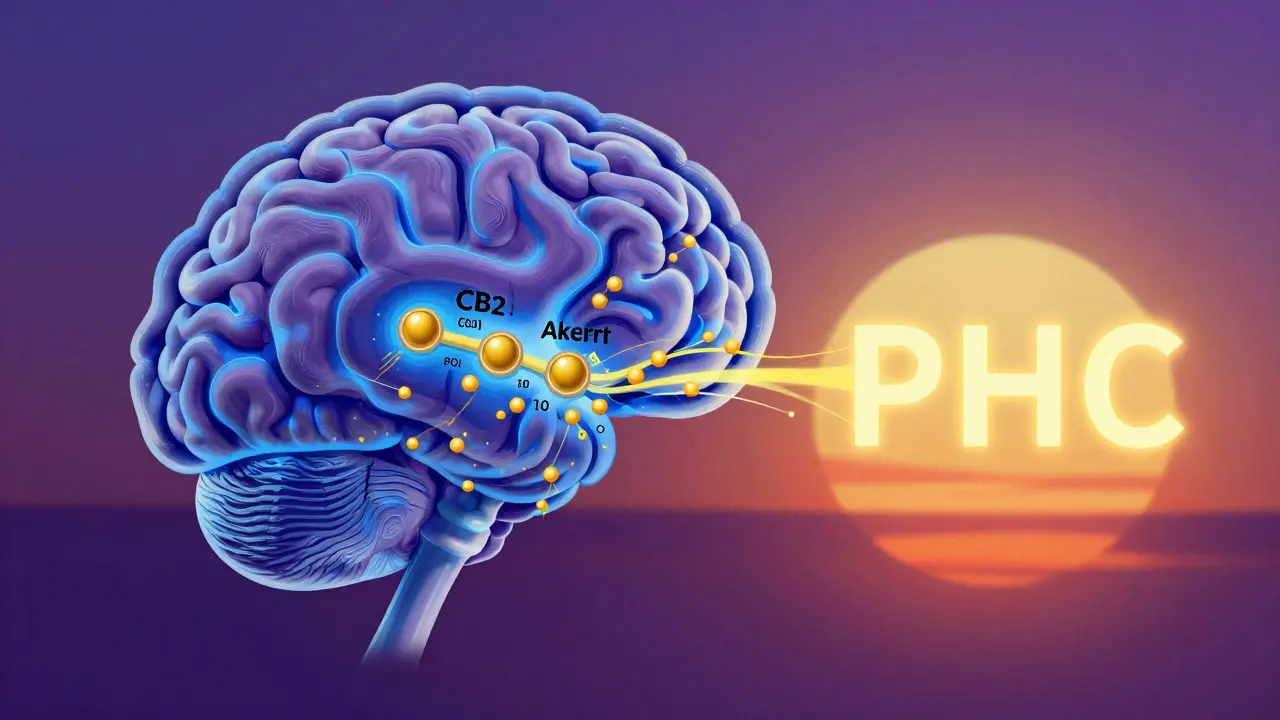 Gehirn-Scan mit langsam fließendem goldenen PHC-Strom, der CB1-Rezeptoren aktiviert